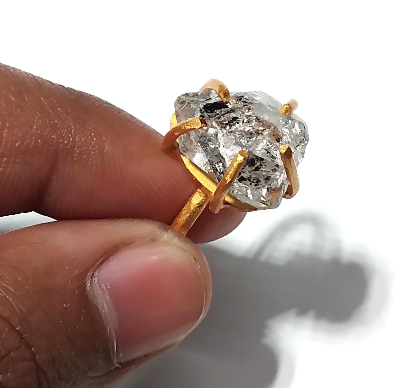 Herkimer Diamond Ring, Raw Herkimer Diamond Ring, 925 Sterling Silver Gold Plated Ring, Nice Design Good Making Gift Ring, For Men & Women.